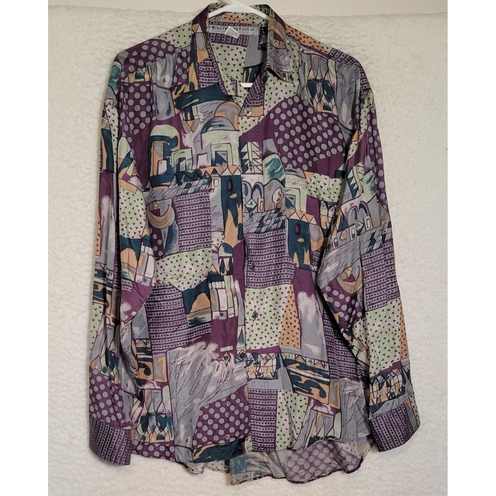 Nine Twenty East Womens Blouse Size M Silk Button Long Sleeve Geometric 1570